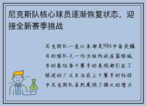 尼克斯队核心球员逐渐恢复状态，迎接全新赛季挑战