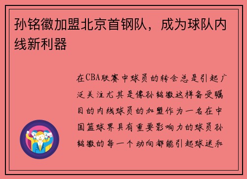孙铭徽加盟北京首钢队，成为球队内线新利器